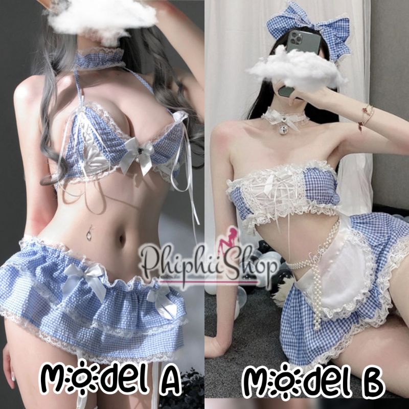 Set Lingerie Sexy Bikini &amp; Rok &amp; Bando Model Maid Ribbon Biru Eropa