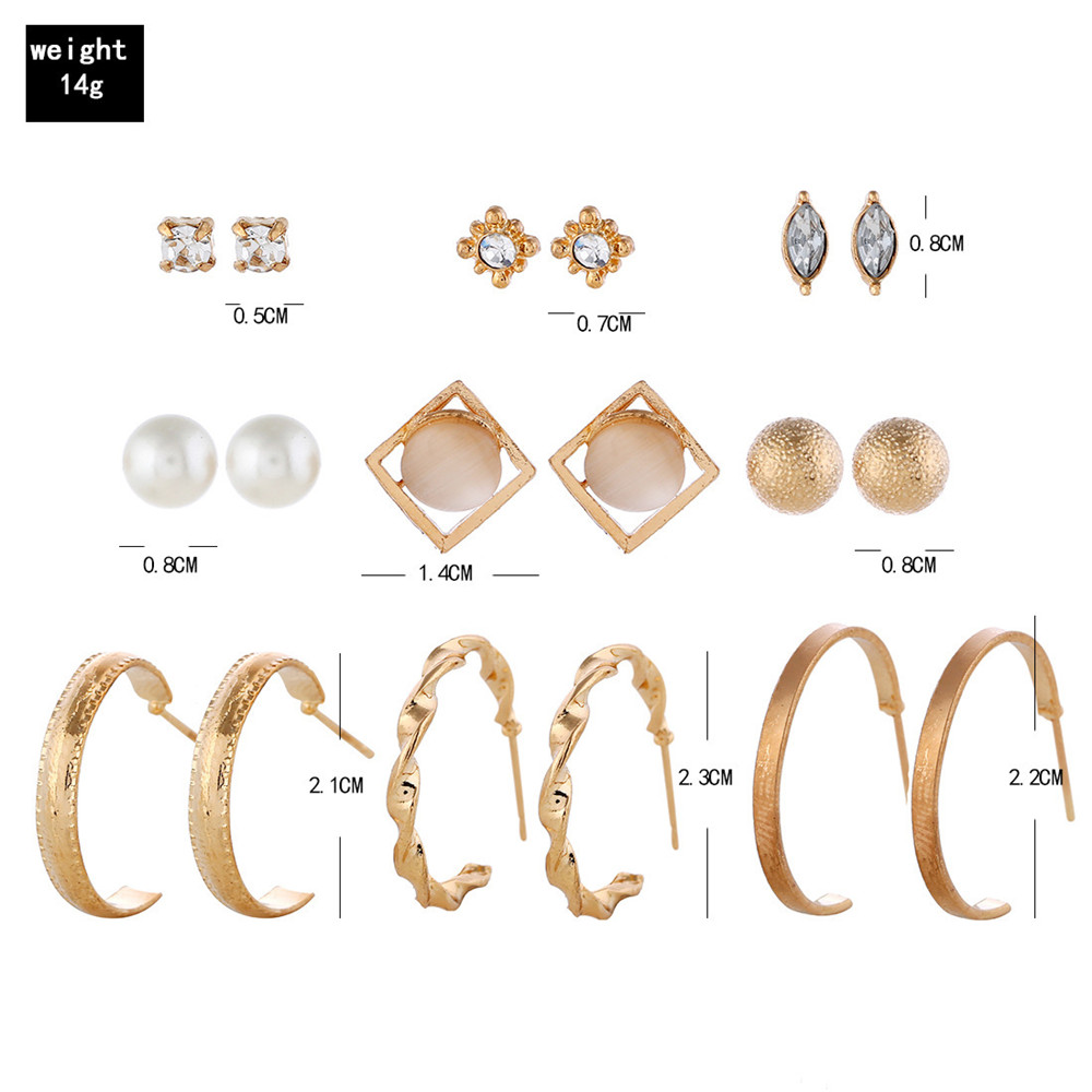 9 Pasang / Set Anting Mutiara Berlian Imitasi Bentuk Geometris Je