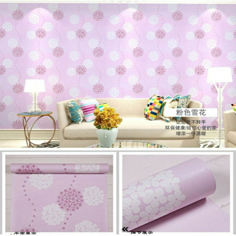 Wallpaper Dinding Motif Dandelion Pink 10m x 45cm