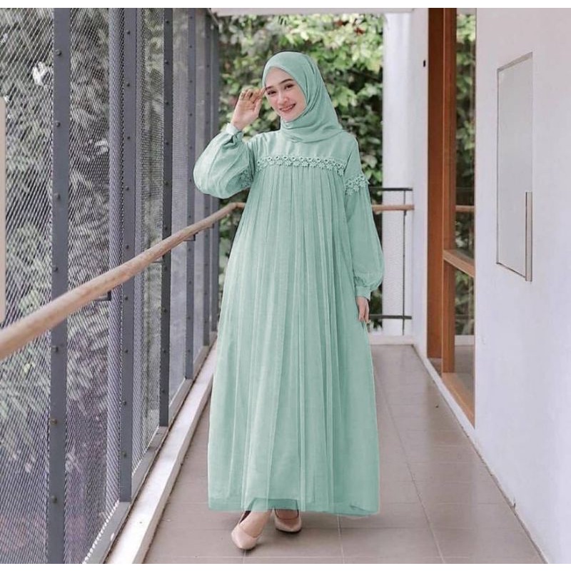 MAXY NURAINI DWS, RENDA TILE, MOSCREPE, GAMIS HIJAB MUSLIM, DRESS, 3 UKURAN-Mint