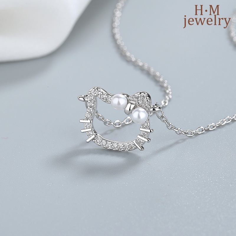 Liontin Kalung Bentuk Kepala Kucing Lucu Elegan Dengan Mutiara