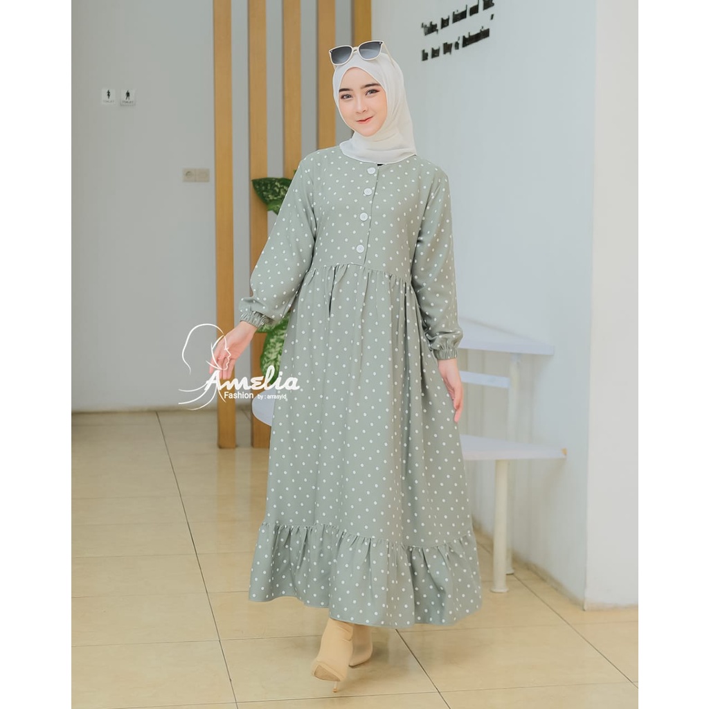 Midi Dress ori Amelia motif polka dan kotak square model cantik fashionable