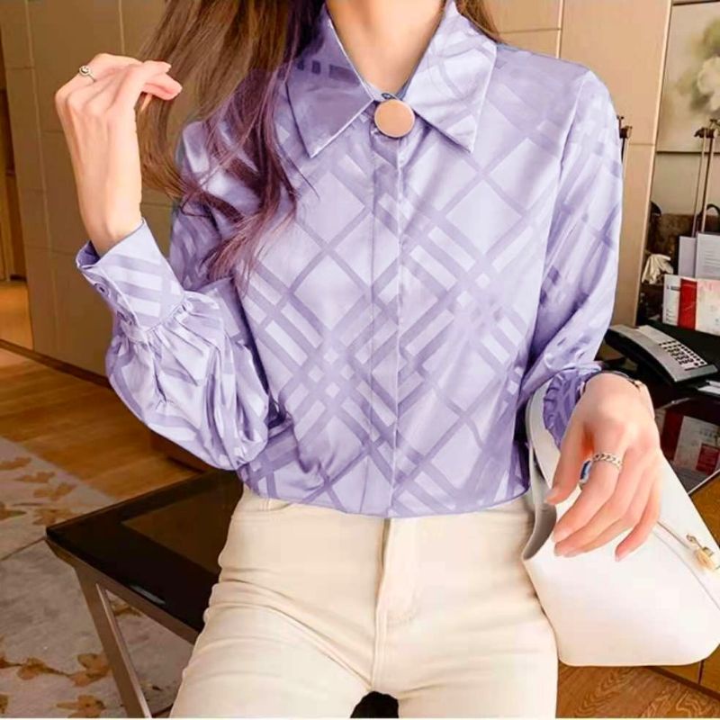 2620 Atasan lenga panjang kerah full kancing Lilac satin Import Wanita Baju panjang tangan Import