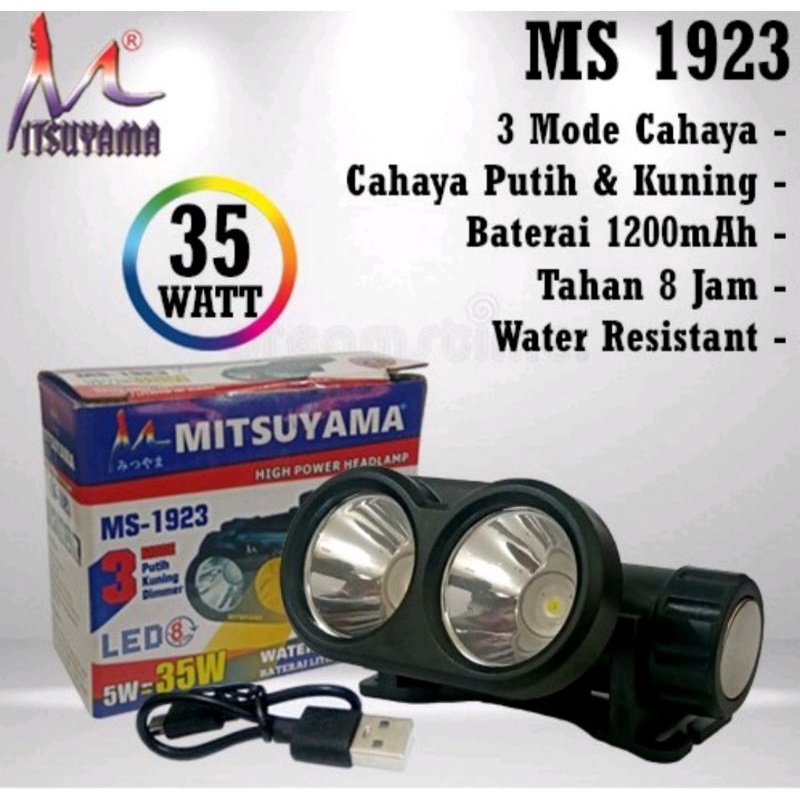 Senter Kepala Magnet Led 3 Mode Putih Kuning Dimmer Headlamp Mitsuyama MS -1923 Water