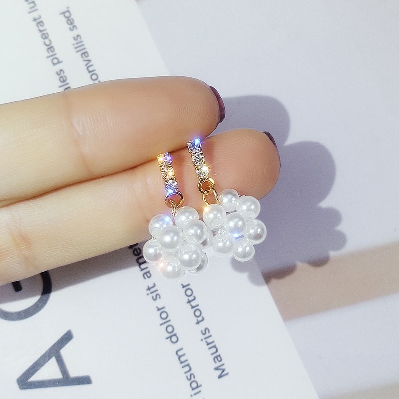 Anting 925 Silver Needle Bentuk Bola Mutiara Berlian Gaya Korea Untuk Wanita