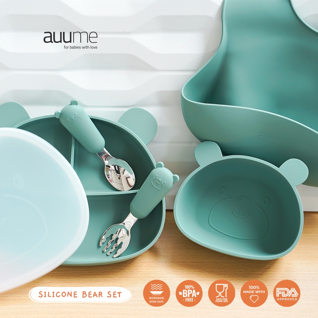 Auume - Bear Bundle Set Suction Baby Plate Bowl Bibs Spoon Fork Premium Silicone Hampers Bayi