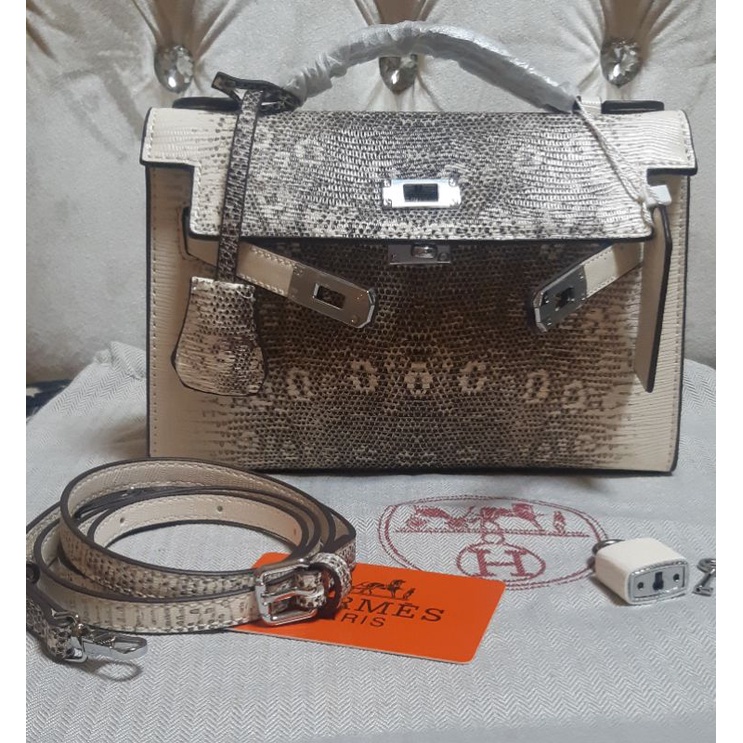 Tas Wanita HermesKL 22 - Kelly KL 22 Ombre Pochette Lizard Palladium Croco Import Batam Mirror Quali