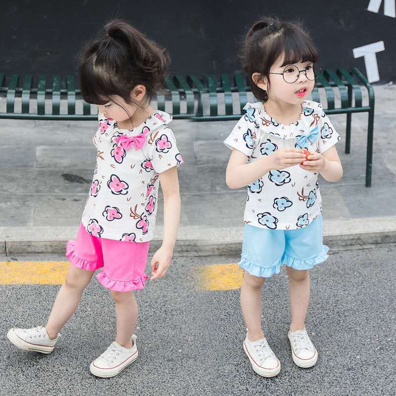 Baju anak cewek setelan perempuan lengan pendek+celana pendek motif bunga import-1