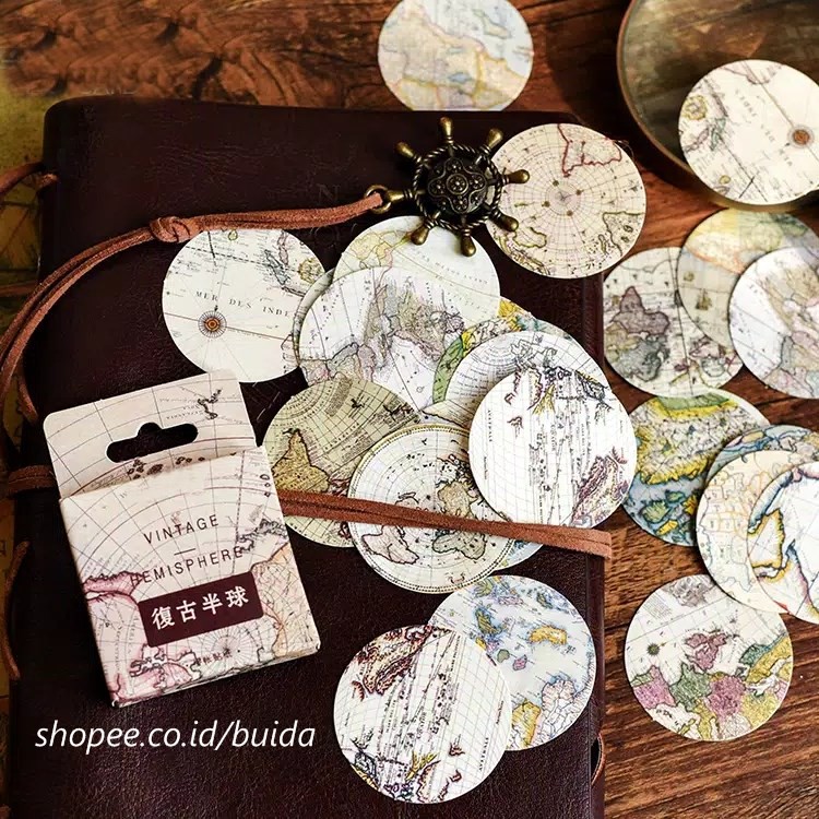 Stiker Aesthetic K23 Sticker Peta Map Travel Vintage Hemisphere dekorasi buku jurnal scrapbook diary