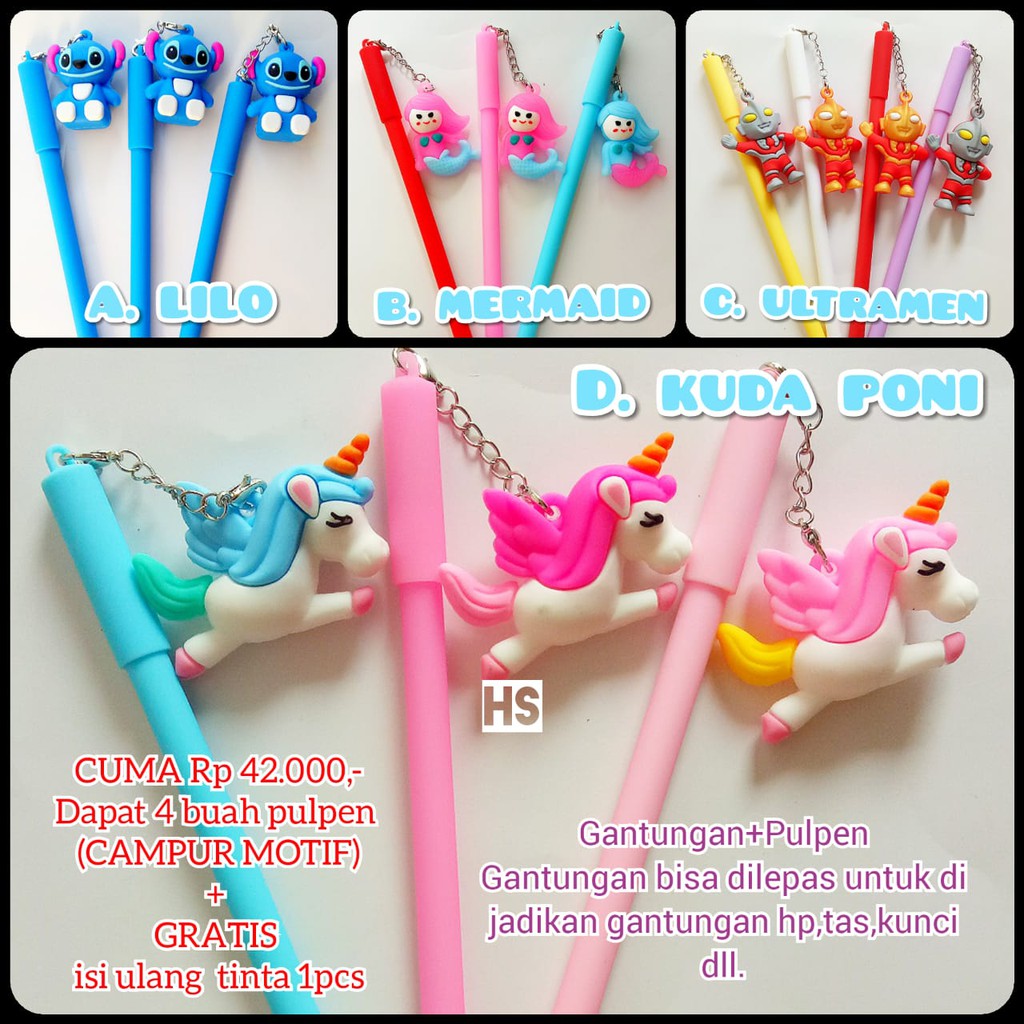 

TERMURAH !! CUMA 42RB DAPAT 4 BUAH PULPEN MOTIF GANTUNGAN STICH,MERMAID,ULTRAMEN,KUDA PONY