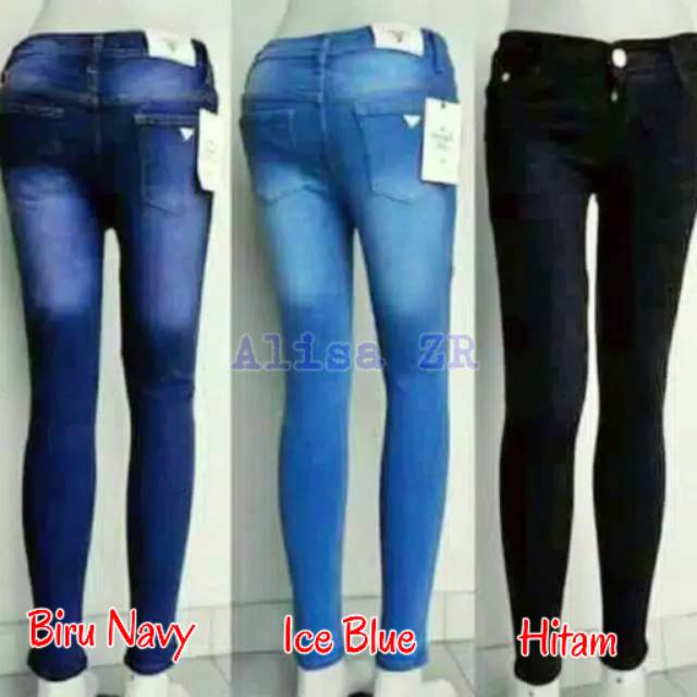 Celana jeans panjang Stretch skinny wanita warna hitam navy ice blue