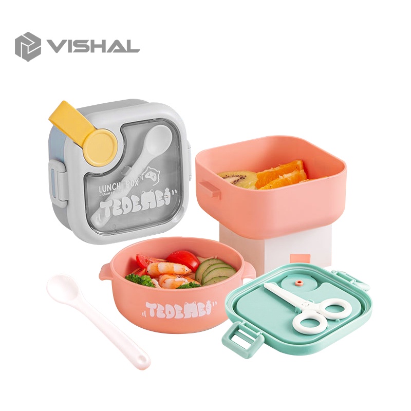 VISHAL Double-Layers Kotak Makan 1 Set Anti Bocor Untuk Anak Lunch Box Set BPA FREE VS-79