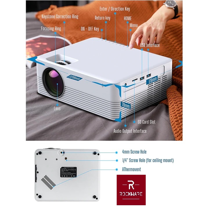 ROCKWARE RW-Q351 - Smart Android 9.0 WiFi HD Projector 4000 Lumens