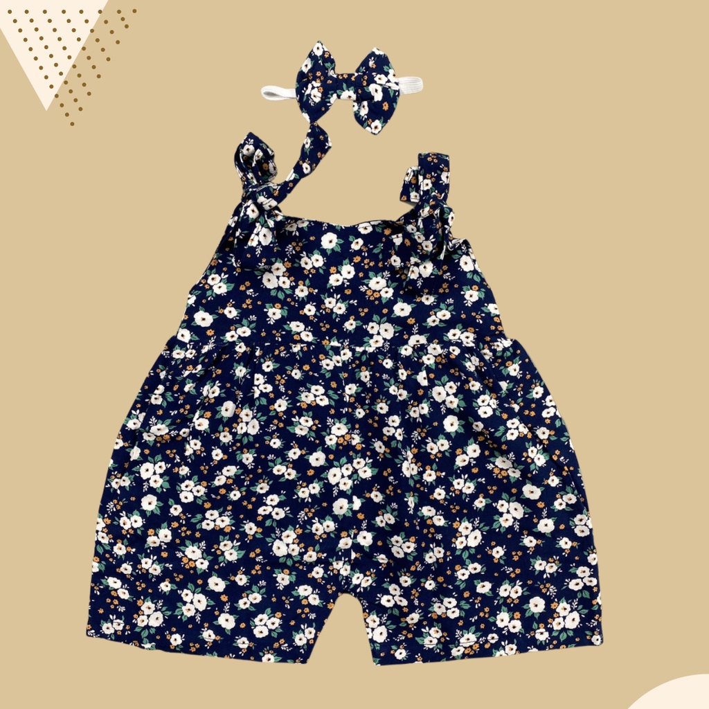 6-18 BLN JUMPSUIT BAYI TALI CHIKA BAJU BAYI PREREMPUAN FREE HEADBAND by BAJUANAKKANAYA-navy white flower