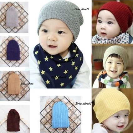 Kupluk Beanie Anak Bayi Polos Model Salur Laki Laki Perempuan New Born Usia 0 - 2