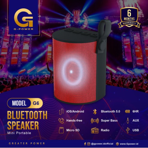 GPOWER SPEAKER BLUETOOTH G6 MINI PORTABLE SUPER BASS GARANSI 6 BULAN
