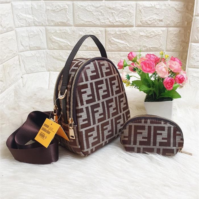 TAS BATAM TAS WANITA IMPORT TAS FENDI RANSEL KANVAS SUPER MINII - COKLAT