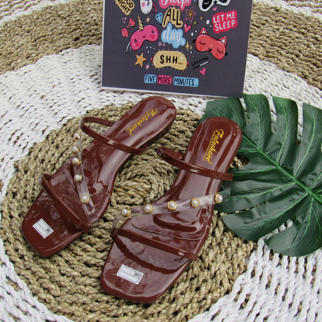 Sandal wanita flat slop tali mutiara-rian08