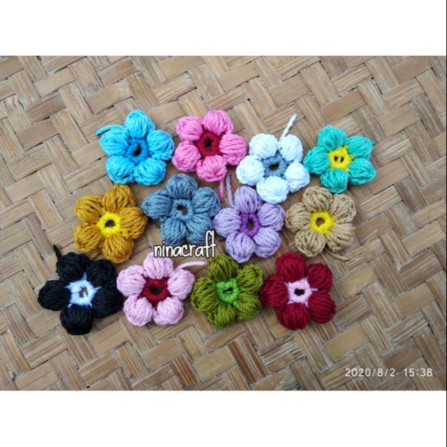 Aplikasi bunga rajut puff / bunga rajut puff / crochet flower puff