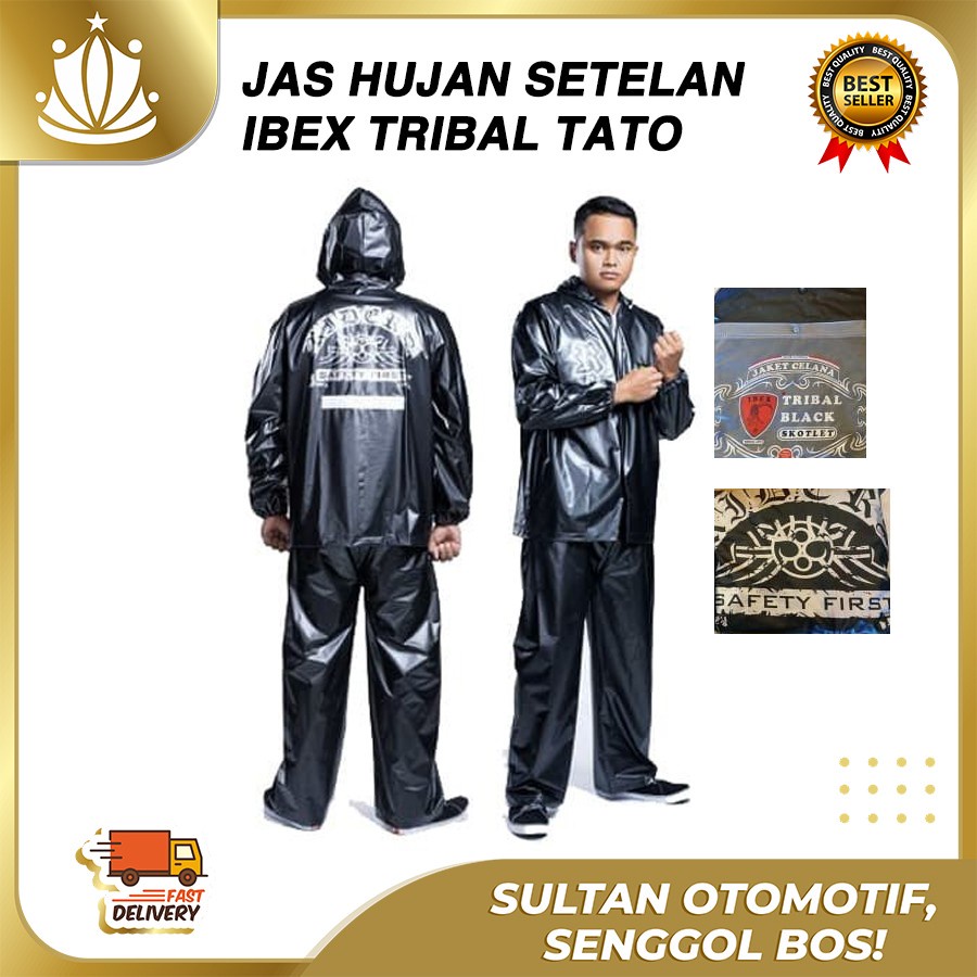 Jas Hujan Setelan Set Jaket Celana Black TRIBAL TATO Bagus Tebal Murah