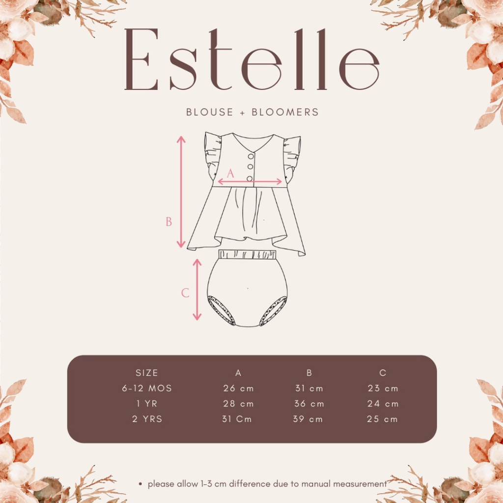 Bell &amp; Bo Estelle Set - Setelan Atasan Blouse Bawahan Bloomers Anak Perempuan 6-12 bulan, 1, 2 tahun