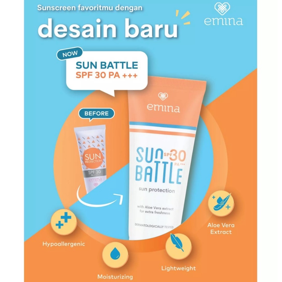 ORIGINAL Sunblock Emina Sun Battle Skin Buddy SPF 30 60ml | SPF 45 30ml | Fun Size 23ml Sun Protection Sunblock Wajah Dan Badan