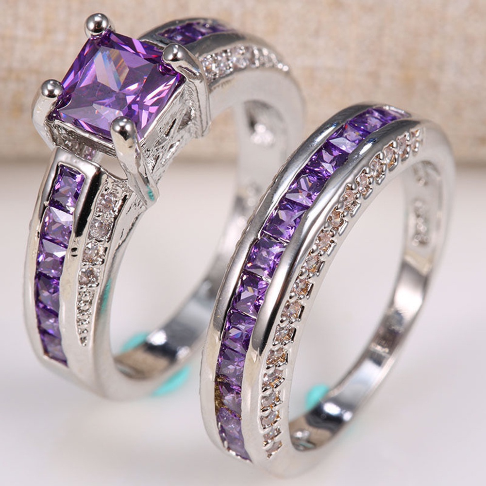 Hu Hu Hu Hu Hu Alat Bantu Pasang Kacamata♡ 2pcs Cincin Pernikahan Hias Amethystberlian Imitasi Bentuk Persegi Gaya Putri Untuk Wanita