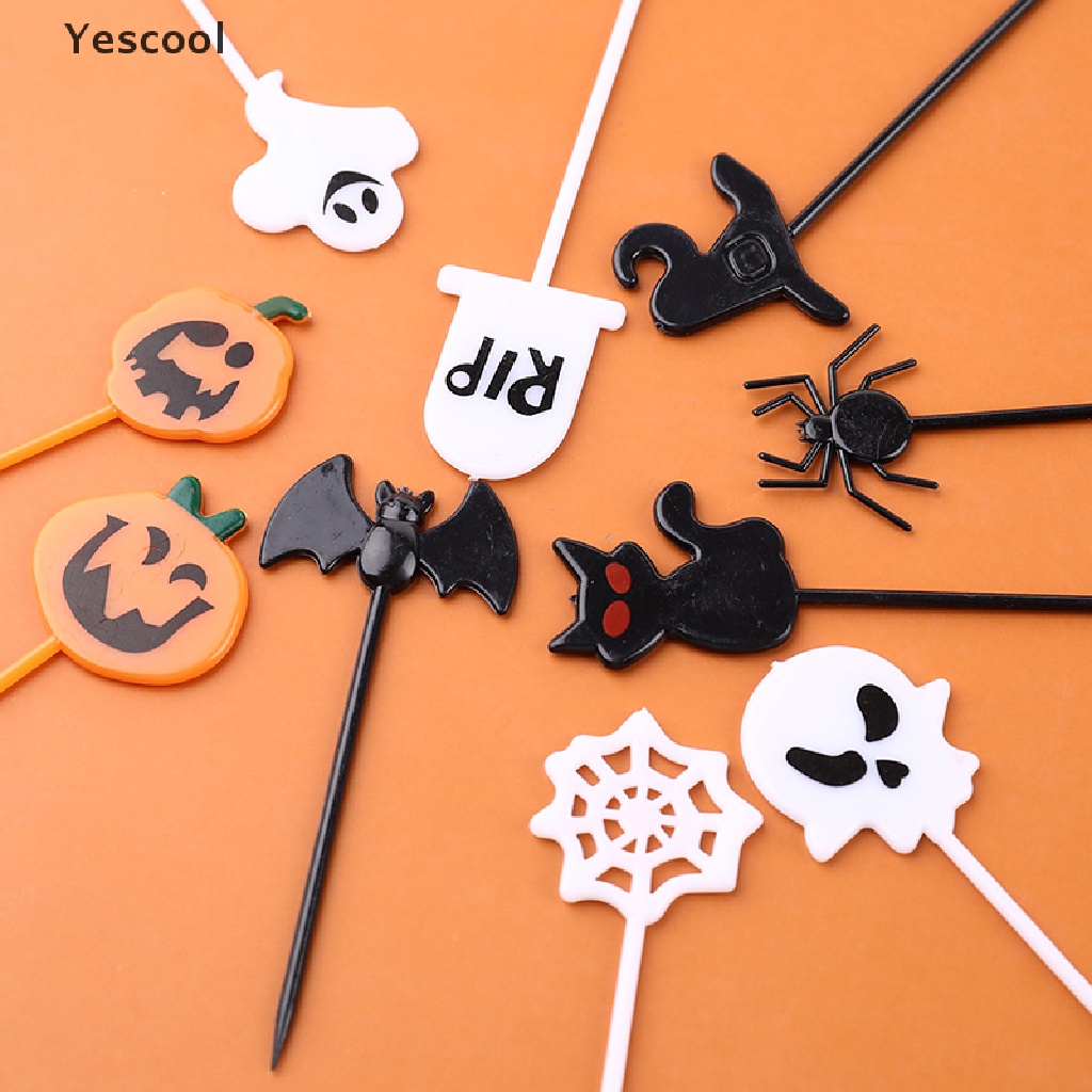 Yescool 10pcs / Pak Tusuk Gigi Buah / Kue / Dessert Tema Halloween Untuk Anak