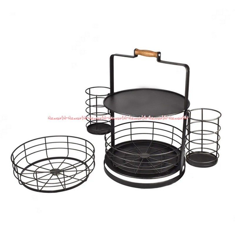 Krischef Dish Holder Round Double Tray Black Tempat Rak Piring Portable Mudah Dibawa Dipindahkan