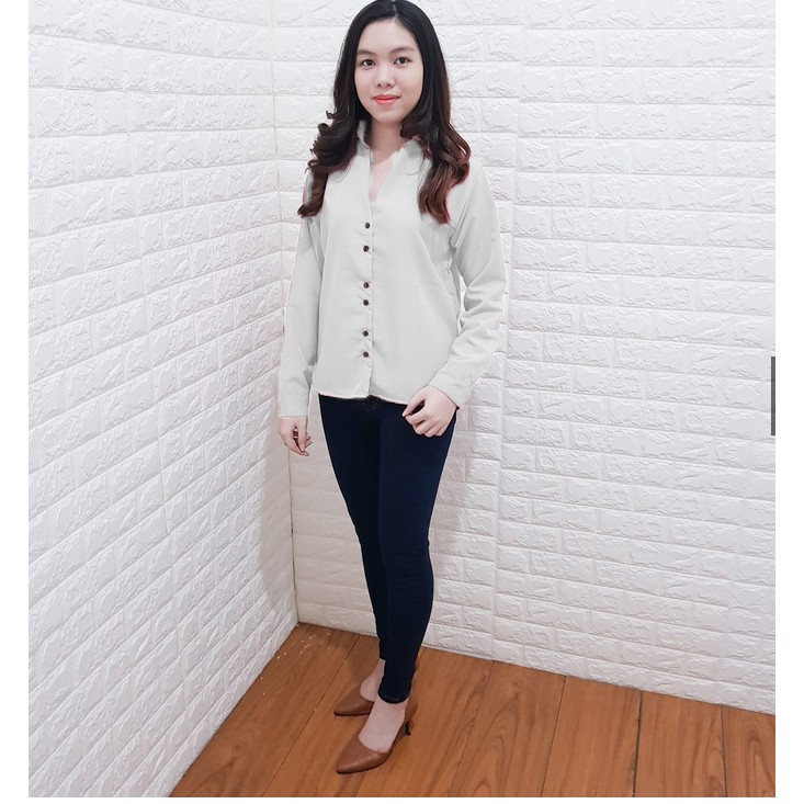 FORTGLASS CAROLIN TOP BAJU ATASAN BLOUSE WANITA LENGAN PANJANG PAKAIAN SANTAI CEWEK WARNA PUTIH HITA-1