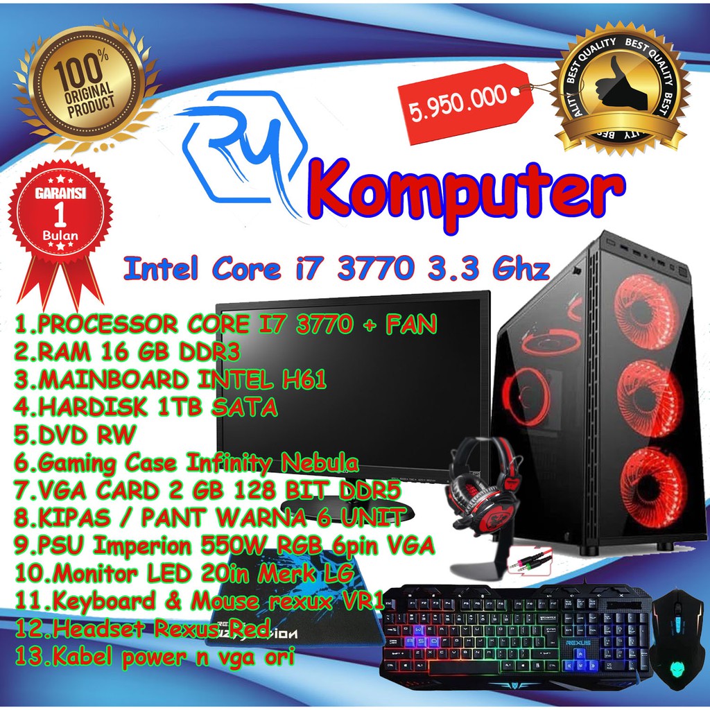 komputer gaming full set core i7 3770 .RAM 16 gb.VGA CARD 2 GB 128 DDR5.HDD 1TB