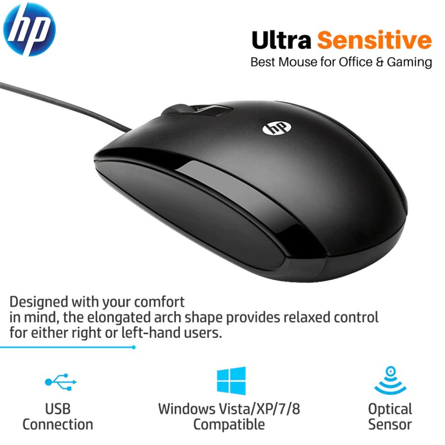 HP X500 mouse gaming laptop pc kabel optical wired origina usb optical Warna Hitam free mousepad