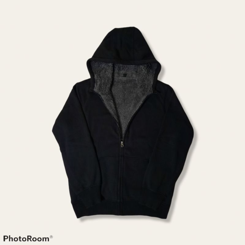 Zip Hoodie Sherpa Uniqlo Hitam Size M/L Second Original