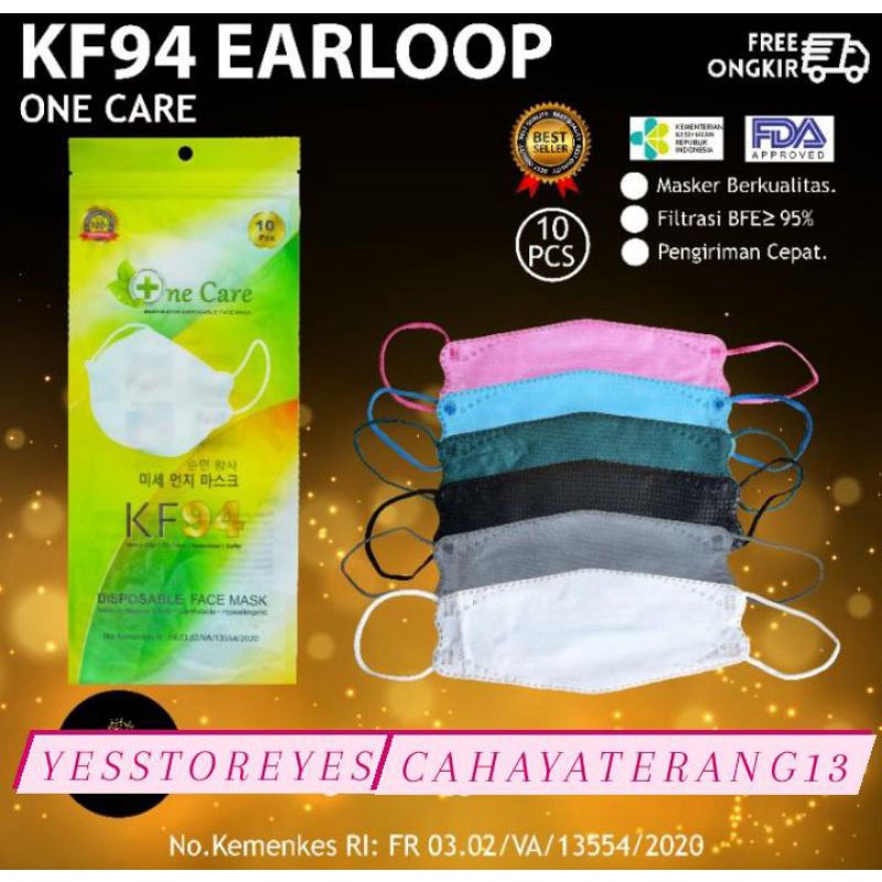 READY KF94 MERK ONECARE KOREA MASK, FISH MASK EARLOOP isi 10 dan isi 20. KF 94 warna PINK ARMY ABU HITAM PUTIH