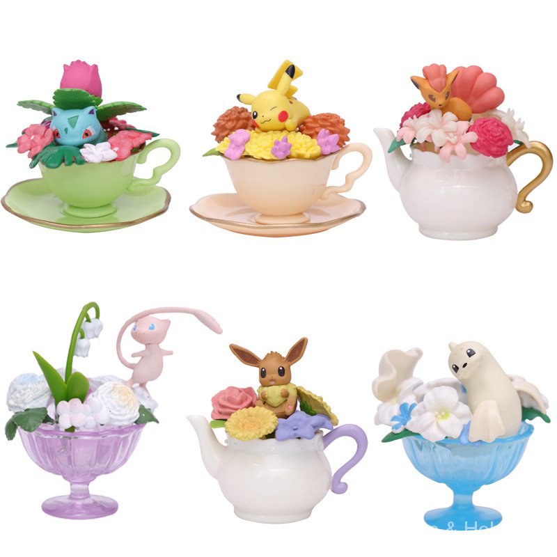 6 Action Figure Pokemon Floral Cup Collection Pikachu Ivysaur Vulpix Dewgong Eevee Mew Re-Ment