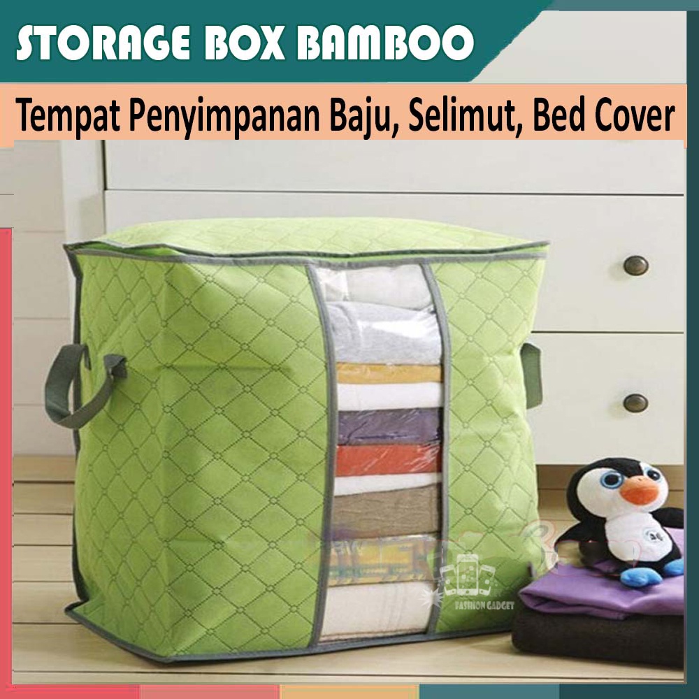 BAMBOO STORAGE BOX 65 liters Bamboo Box 1 &amp; 3 Sekat Organizer Pakaian Selimut Bed Cover Sprei Baju Tas Penyimpanan Keranjang Pakaian