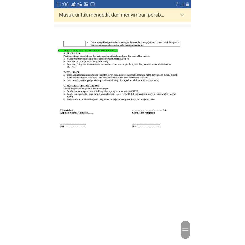 RPP 1 Lembar (RPP Daring,Luring Dan Tikom Sabar) Bahasa Arab MTs Kelas 8 Semester1-2, Sesuai Kma 183 Tahun 2019
