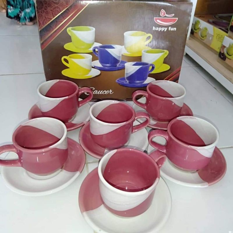 CANGKIR KERAMIK DAN LEPEK 2 WARNA- CANGKIR SET - 6 SET - CUP AND SAUCER - WARNA WARNI HAPPY FUN