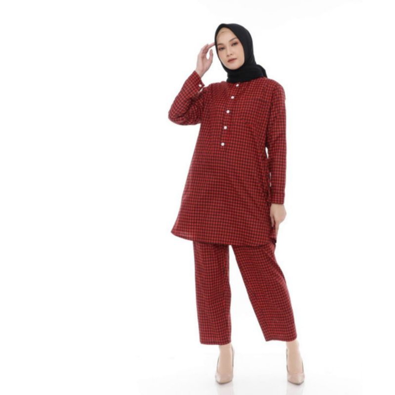 Baju Wanita Setelan Celana Muslim Kekinian | Baju Set Wanita Indira Kotak Original