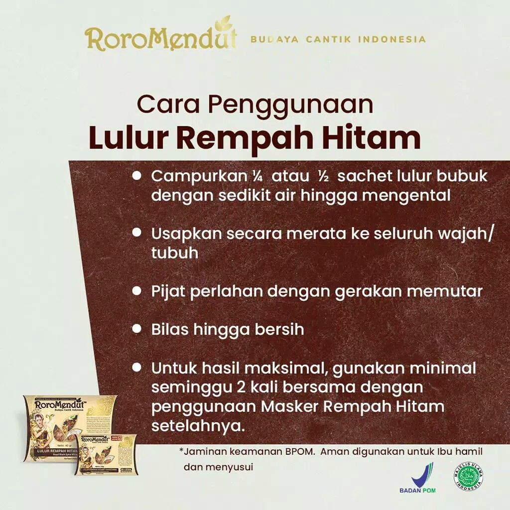 Roro Mendut Lulur Rempah Hitam Whitening Scrub Pemutih Kulit Wajah / Badan 20gr &amp; 40gr