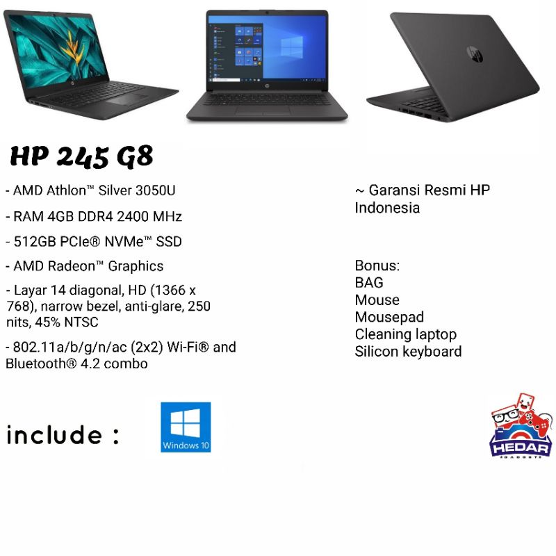 HP 245 G8 athlon silver 3050U 4 GB 512 GB W10 14 HD
