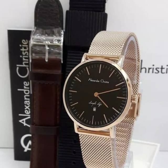 JAM TANGAN WANITA ALEXANDER CRISTIE AC 8566 CEWEK ROSEGOLD BLACK