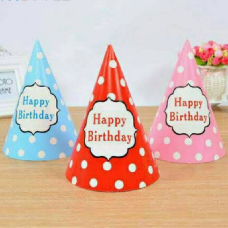 topi ulang tahun isi 10 polcadot happy birthday pink blue high quality isi 10 biru pink