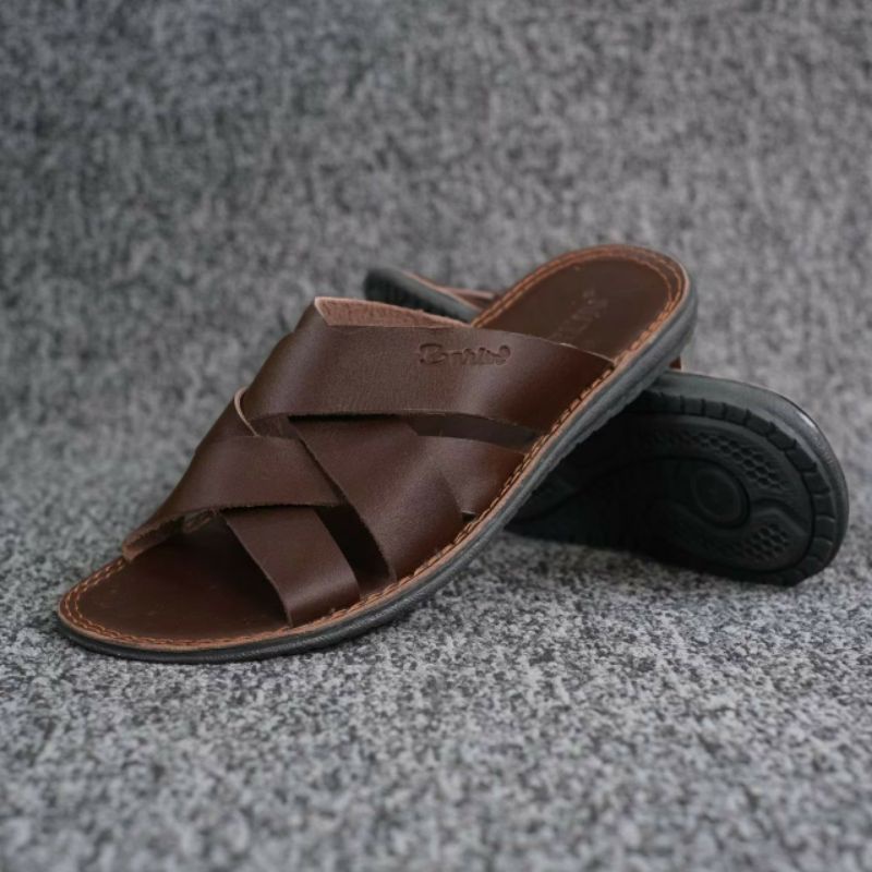 BRLN 004 Brown Sandal Pria Casual Kulit Asli Sendal Slide Sndal Selop Santai Klasik Murah