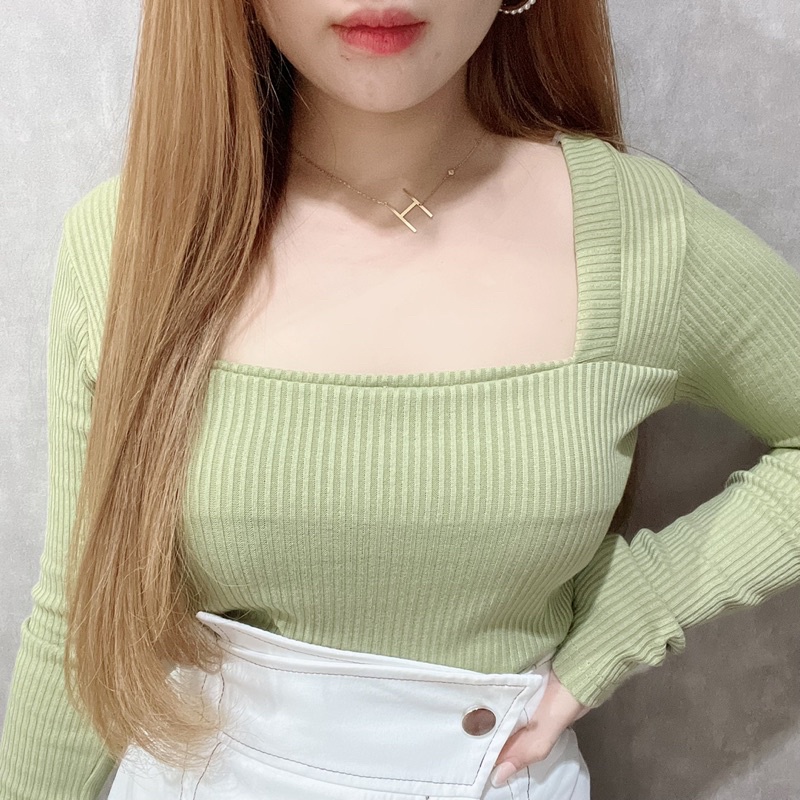 Rib Squareneck Long Sleeve Blouse | Atasan Wanita Korean Fashion | Maimon Grosir