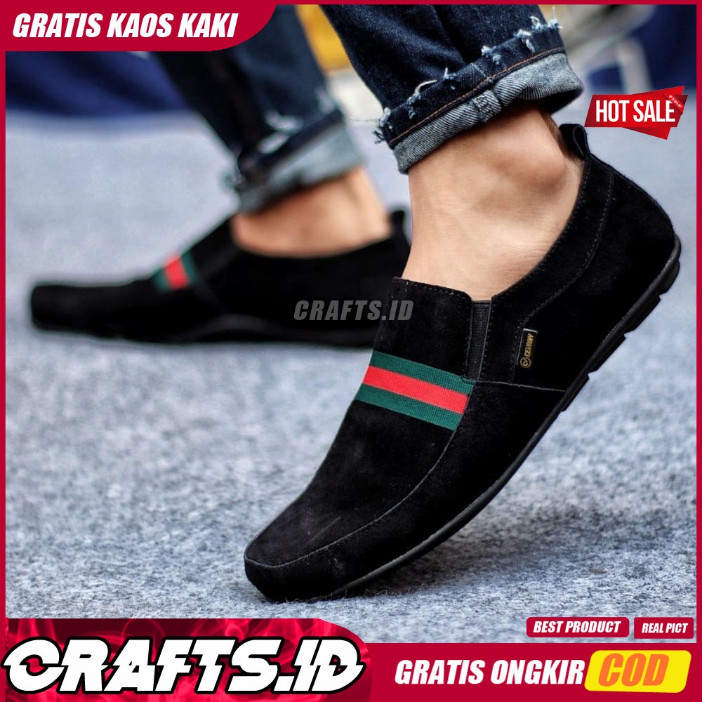 CRAFTS X YOMI Sepatu Slip on Pria Sepatu Pria Casual Kulit Asli Suede Sepatu Kerja Kantor Kondangan Cowo/Cowok Sepatu Kasual Santai Gaya Keren Kekinian Terbaru Murah Terlaris