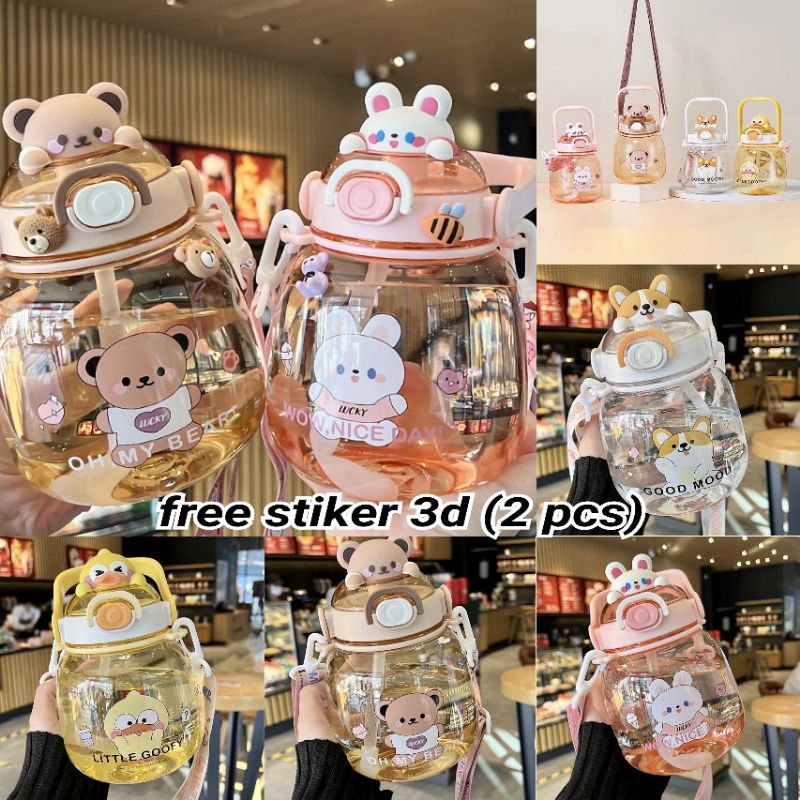 botol minum sedotan anak 1100 ml animal lucu (free gantungan+ sticker 3d)