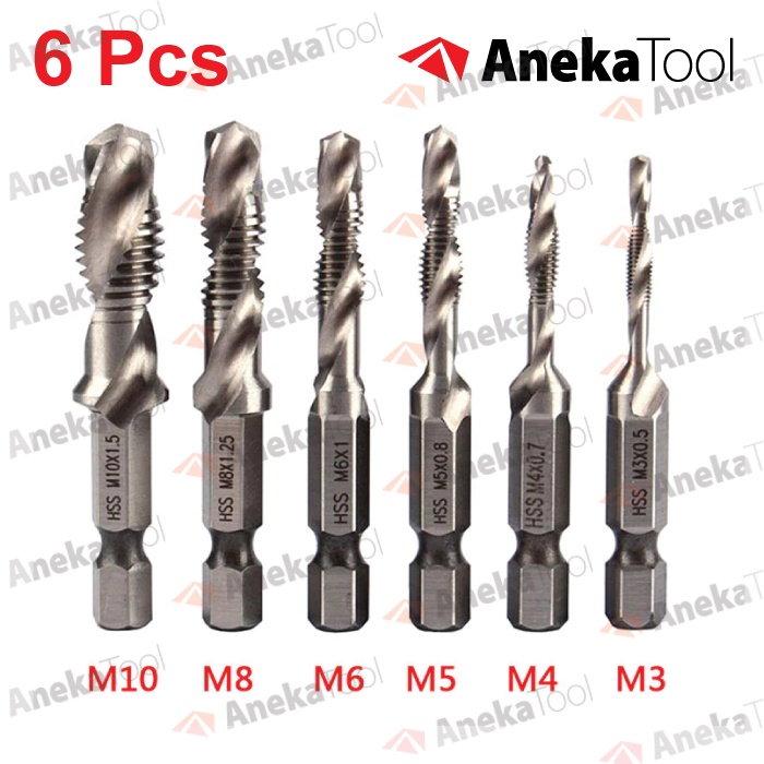 Mata Bor Pembuat Ulir Drat 6Pcs Drill Tap set M3-M10 Hex Twist Dril