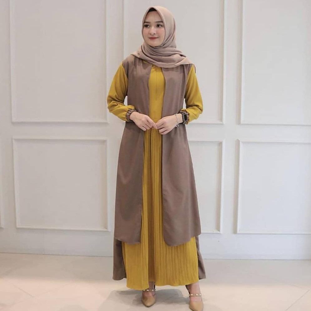 Dress Plisket Model Outer Two Tone bahan Moscrepe / Gamis Maxi Dress Wanita Motif 2 Warna