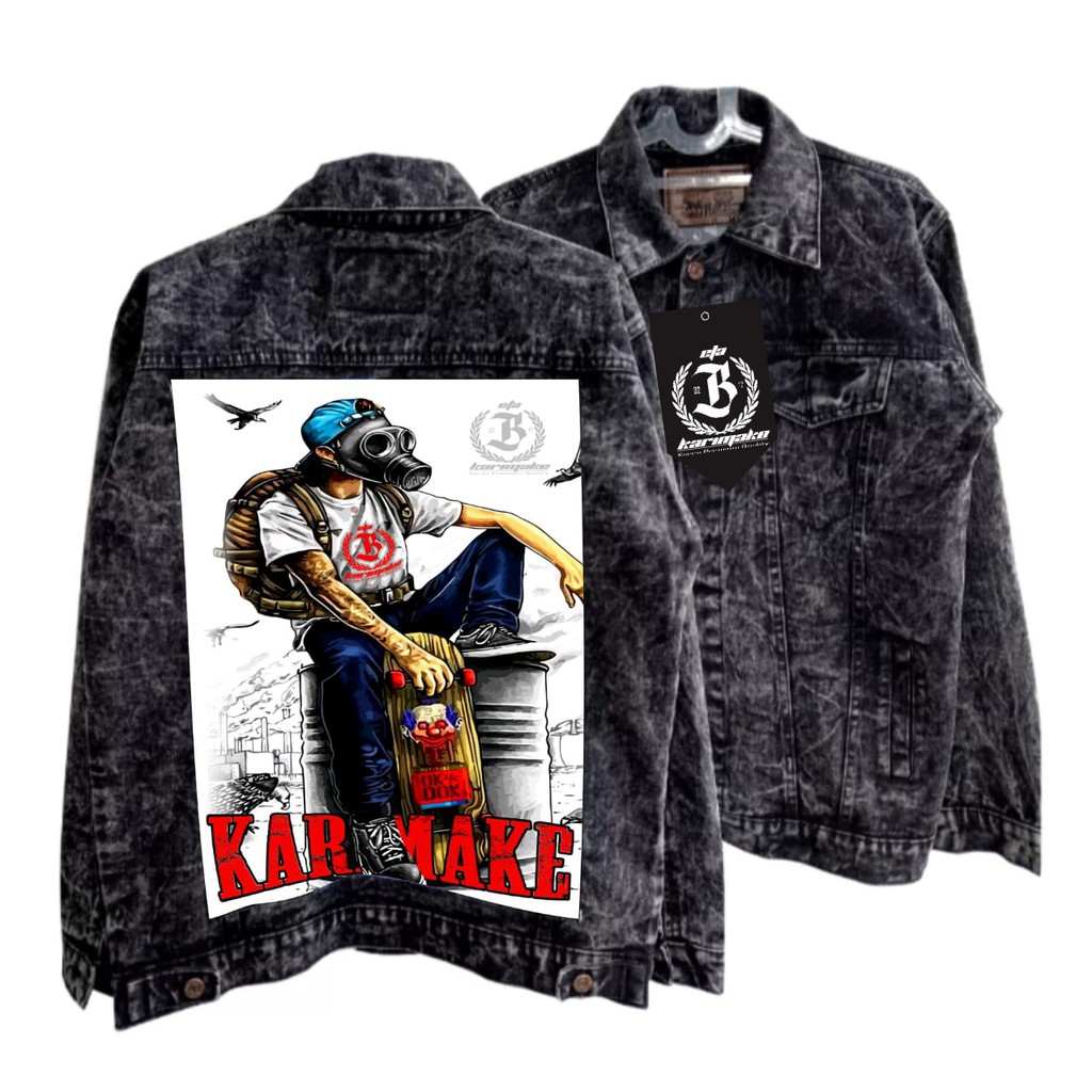 Eta karimake jaket jeans black sandwash gambar belakang seketboard putih printing 3 dimensi terbaru